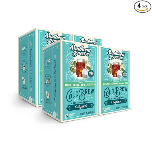 Southern Breeze Decaf Cold Brew Sweet Tea Original Iced Tea with Black Tea and Zero Carbs Zero Sugar, 20 Individually Wrapped Tea Bags, Pack of 4