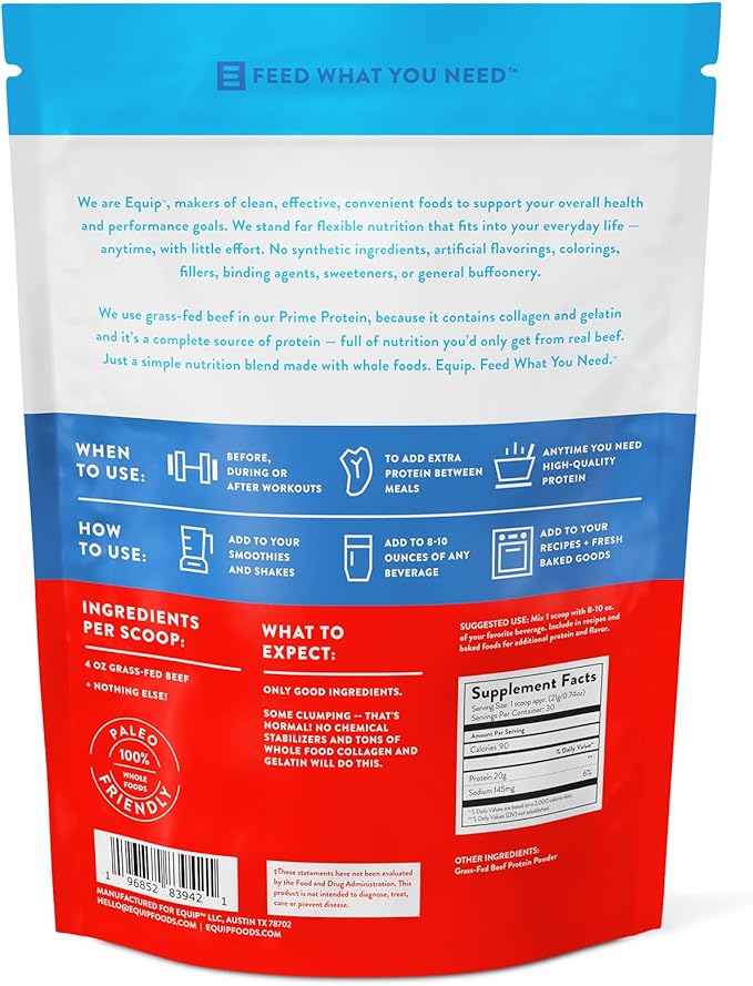 Equip Foods Prime Protein Powder | Clean, Grass Fed Beef Protein Powder | Carnivore Protein Isolate | Paleo, Keto Friendly | Gluten & Dairy Free | Helps Build & Repair Tissue | 30 Servings, Unflavored