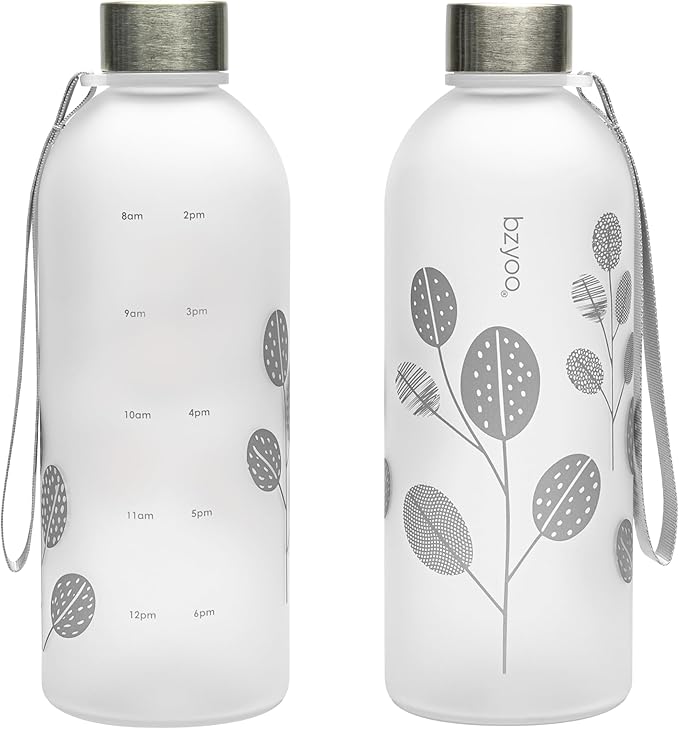bzyoo 32oz 1 Liter Clear Water Bottle with Time Marker, Leaf Design, Durable Plastic, BPA-Free, Reusable with Measurement Markings for Fitness and Outdoor Activities (Color: Silver)