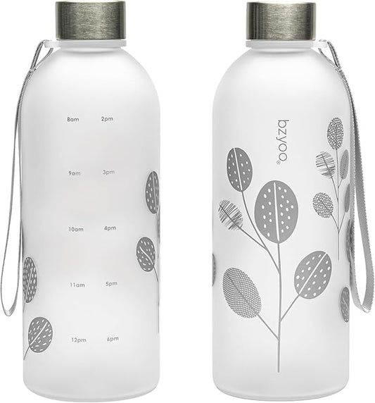bzyoo 32oz 1 Liter Clear Water Bottle with Time Marker, Leaf Design, Durable Plastic, BPA-Free, Reusable with Measurement Markings for Fitness and Outdoor Activities (Color: Silver)
