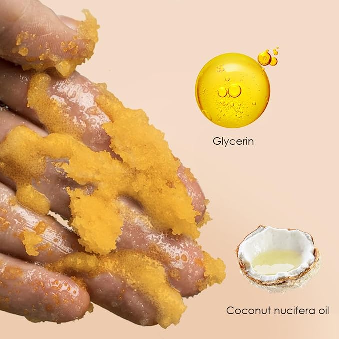 Turmeric Body Scrub Exfoliator with Loofah – Exfoliating Body Scrub for Face, Foot, Bikini Zone & Dead Skin Removal, Deep Cleansing Foot Scrub with Vitamin C for Smooth Skin, Acne Skin