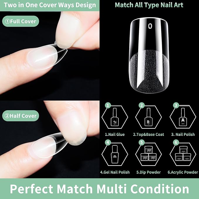 Medium Square Nail Tips, 216pcs Acrylic Fake Nails Gel Nail Tips Soft, Full Cover Pre-Shaped Matte Clear Press on Nails for Extension, Diy at Home Manicure 12 Sizes