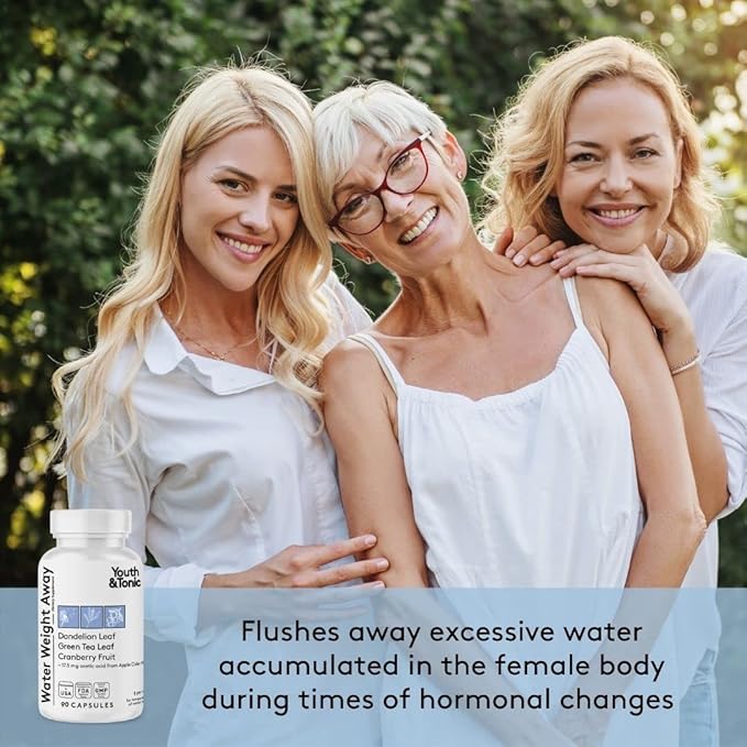 Youth & Tonic Water Weight Away – Natural Diuretic for Swelling, Belly Bloating & Fluid Retention – Herbal Water Pills for Women & Men, 90 Capsules