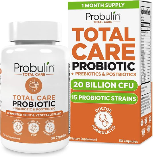 Probulin Total Care Probiotic Supplement, Daily Gut, Digestive, and Immune Health Probiotics Capsules for Men and Women, 20 Billion CFU, Vegan, 30 Count Bottle