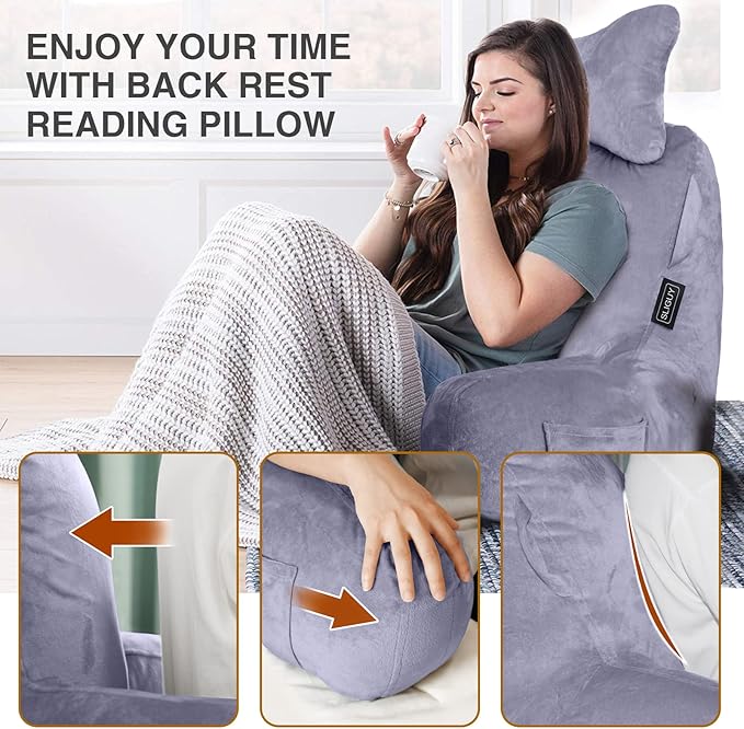 Reading Pillow-Bed Rest Pillow with Detachable Neck Roll & Higher Support Arm for Sitting in Bed Couch or Floor-Backrest Reading Pillow Adult Back Pillow for Reading/Watching TV/Gaming/Relaxing