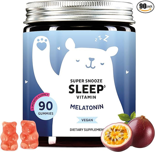 Bears with Benefits Vegan Melatonin 5mg Gummies, Sleep Gummies for Reduced time to Fall Asleep, with Vitamin B6 & Passion Fruit Extract - Super Snooze Sleep Vitamin (90 Gummies)