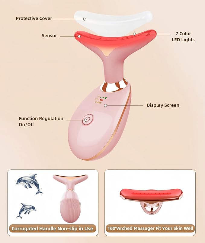 7 Color Face and Neck Massager Light Therapy, Red Light Based Facial Massager for Skin Care, Firming, Smoothing (Rose Golden)