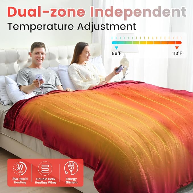 Sunable Heated Electric Blanket - Machine Washable Blanket with Time Settings 10 Heat Settings Queen Size 84×90 inches Burgundy -Velvet
