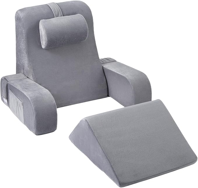 Reading Pillow for Sitting in Bed Adult, Back Pillow for Sitting Up in Bed with Arm Rest and Knee Rest, Suitable for Gaming,Watching TV on Floor, 19in 5Pcs, Grey