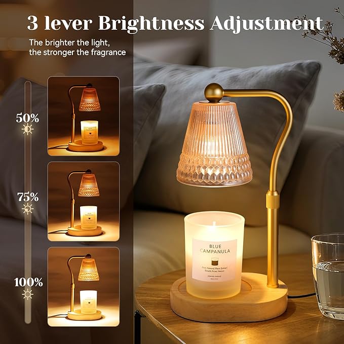 Candle Warmer Lamp Adjustable Height & Dimmable, Electric Candle Warmers for Jar Candles, Home Decor Lamp with Timer, Perfect Gifts for Women Men, Safe Night Light for Bedroom Office (Amber-wood)