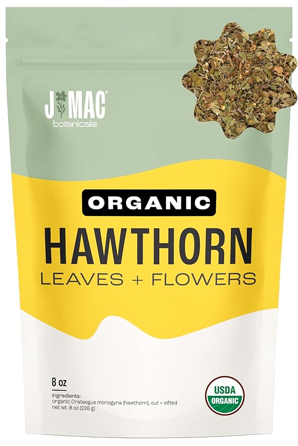 J MAC BOTANICALS Organic Hawthorn Leaves and Flower (8 oz) Dried Hawthorne leaf tea