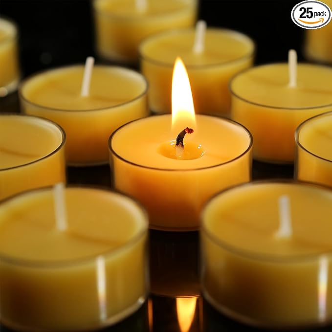 Beeswax Tealight Candles, Natural Beeswax Candles Bulk (4-5 Hour Burn), Handmade Organic Tea Lights, Honey Aroma Pure Beeswax Tea Candle, 25 Packs