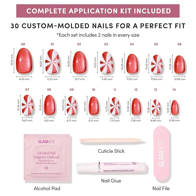 Glamnetic Press On Nails - Candy Crush | Short Oval Fake Nails with Candy Cane Swirl Design in a Velvet Finish, Salon Quality Holiday Nails | 15 Sizes - 30 Nail Kit with Glue