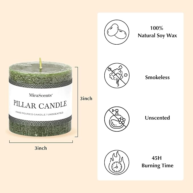 3x3 Inch Moss Green Pillar Candles - Set of 3, Long Clean Burning, Smokeless Dripless Candles for Spring Home Decor, Dinner Table, Bathroom, Rustic Decor