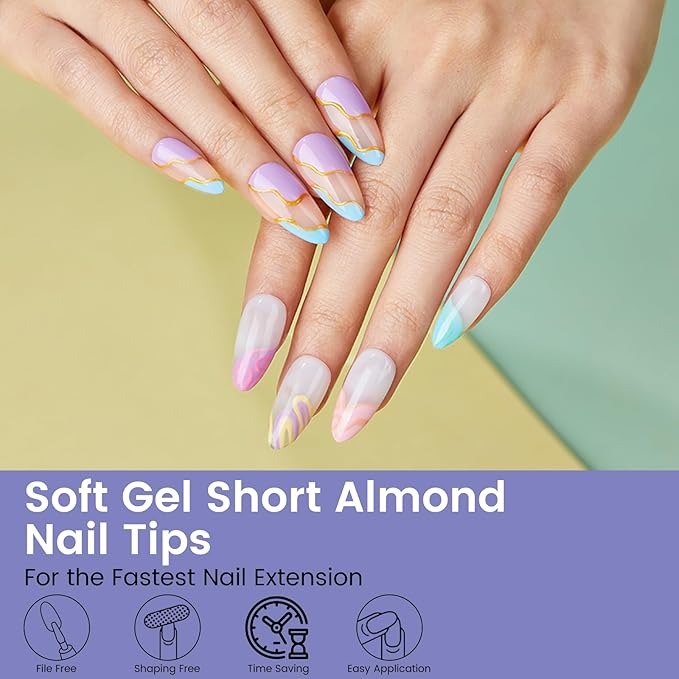 Short Almond Nail Tips: 240PCS Soft Gel Pre-Shaped Acrylic Fake Almond Nail Tips with Nail Stand, 12 Sizes Full Cover Clear Press on Nails for Girls Women Nail Art Design