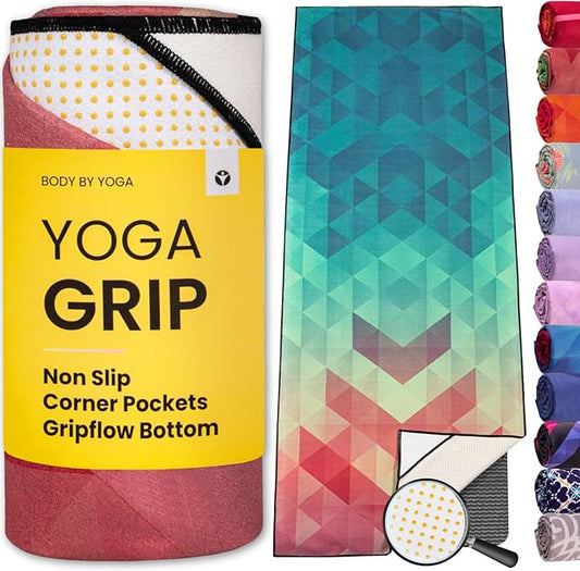 Yoga Grip Yoga Towel - Non Slip Hot Yoga Mat Towel With Corner Pockets, No-Skid Grip, and Built-in Alignment Lines | Soft, Moisture Wicking, and Sweat Absorbent | No Bunching, Stays in Place 72" x 25"