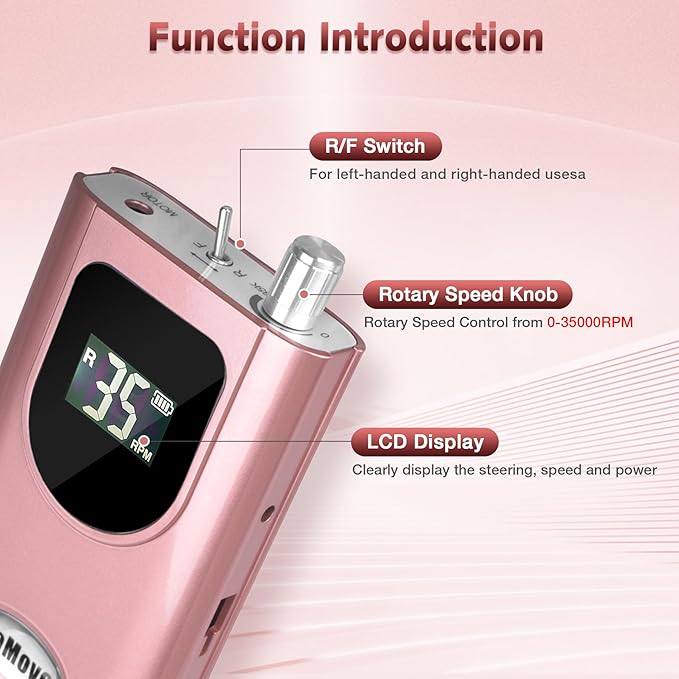 Professional Nail Drill Machine, HoMove 35000RPM Portable Nail Drills, Rechargeable Efile Nails Drill, Low Heat Electric Nail File for Acrylic Gel Nails(Rose Gold)