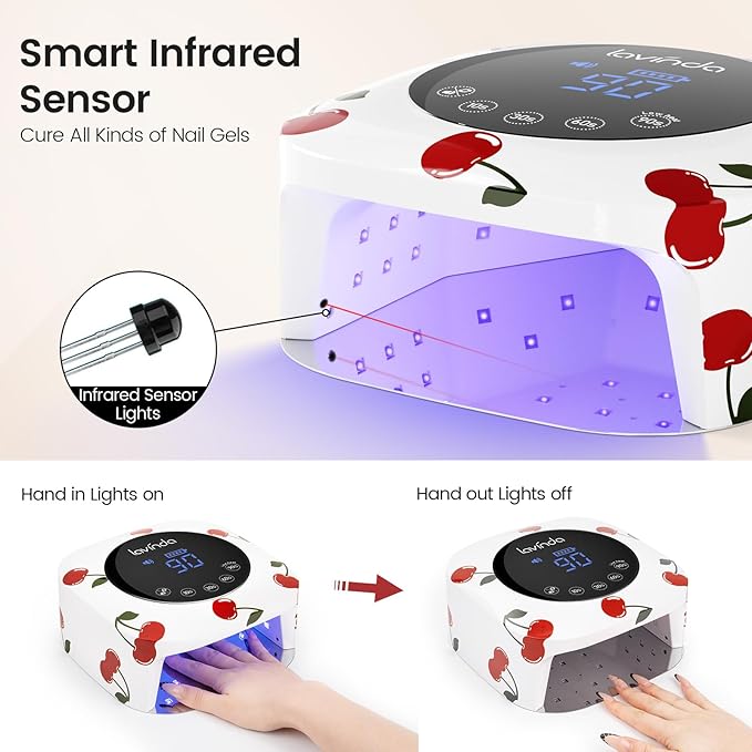 Lavinda 54W Nail Lamp UV Light for Gel Nails Rechargeable Cordless UV Lamp Nail Light with 4 Timer, 2X Faster Professional Gel Polish Curing Nail Dryer for Salon Use-Cherry Print