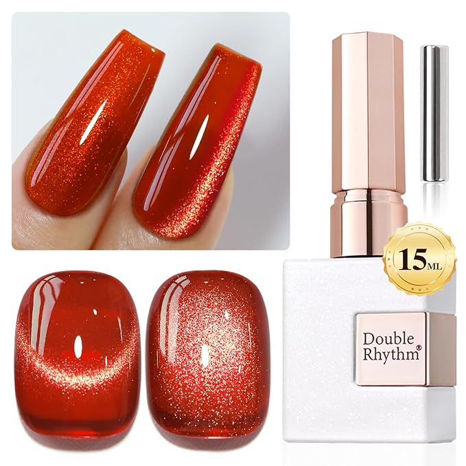 Double Rhythm 0.5 OZ Cat Eye Gel Polish with Magnet 15ML Holographic Glitter Shimmer Translucent Jelly Color Magnetic Nail Polish Salon DIY at Home (Red-MC1055)