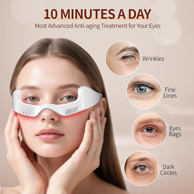Under Eye Red Light Therapy Device, 650nm Red Light Therapy Eye Massager for Relieve Eye Bags, Eye Fatigue, Dark Circles, with Glasses Strap, Light-Weight, Hands-Free Use