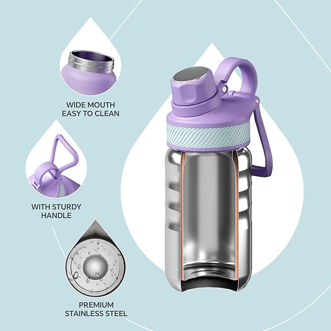 IDEUS Insulated Water Bottle 12oz, Stainless Steel Insulated Water Bottle For School, Insulated Bottles With Straws Leakproof, Vacuum Double Wall Water Bottles For Boys And Girls With 2 Lids, BPA Free