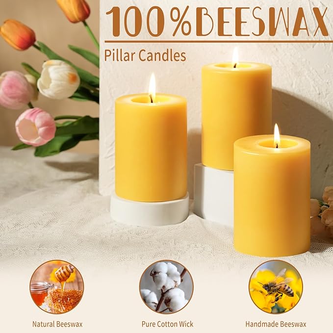 Natural Beeswax Pillar Candle, 110 Hours Long Burning Emergency Candle Unscented Pure Beeswax Pillar Candles 3x4in Dripless Bees Wax Candles for Home Paryer, 2 Packs