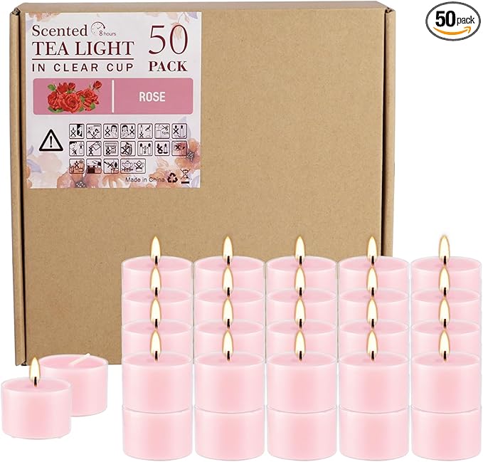 Rose Scented Candle Tealight Candles in Clear Cup, 8 Hours Consistent Smkless Clean Burning, Great for Holiday, Wedding, Spa, Emergency and Home Decoration（Pink，50 Pack）