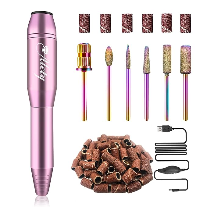 Electric Nail Drill Kit, Portable File for Acrylic Gel Nails, Professional Machine Efile Manicure Pedicure Tools with Iridescent Bits Home Salon Use, Pink