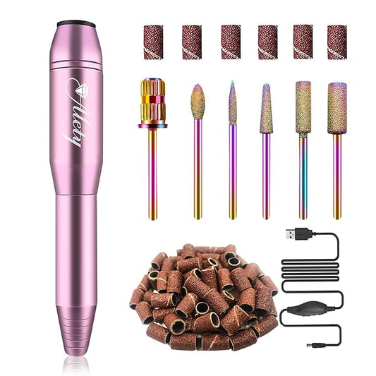 Electric Nail Drill Kit, Portable File for Acrylic Gel Nails, Professional Machine Efile Manicure Pedicure Tools with Iridescent Bits Home Salon Use, Pink