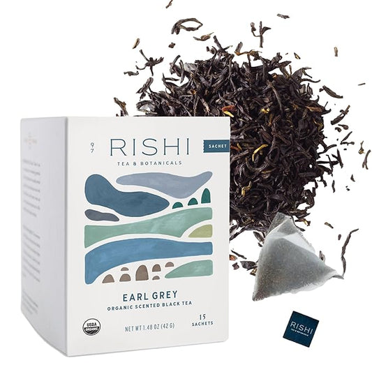 Rishi Tea Earl Grey Tea - Organic Sachet Tea Bags, Pure Black Tea with Bergamot Oil, Energizing & Caffeinated - 15 Count (Pack of 1)