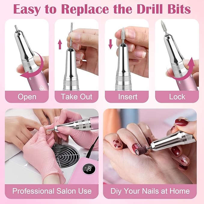 Nail Drill Kit Professional 35000RPM, Cordless Electric Nail File Drills Machine Uñas, Portable Rechargeable Efile 7 Bit Manicure Pedicure for Acrylic Nails Gel Remover Salon Home Tools, Pink