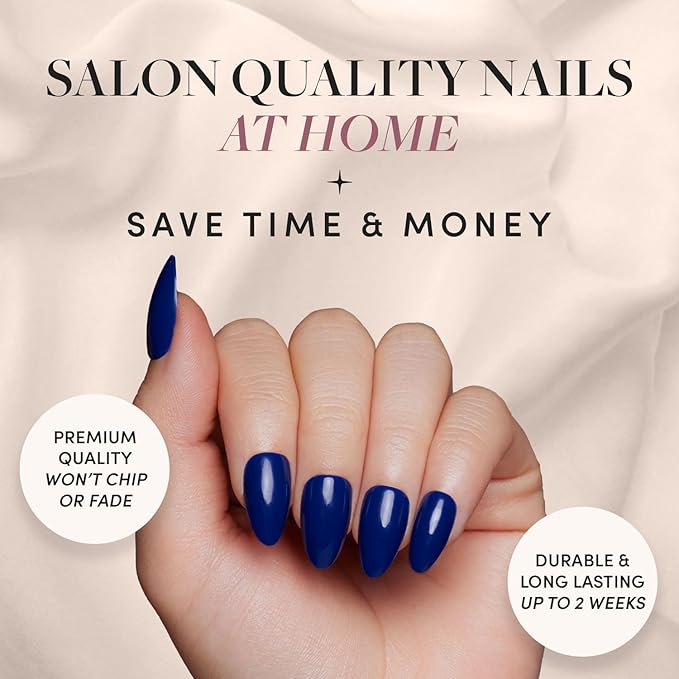 Glamnetic Press On Nails - Midnight Blue | Opaque Dark Navy Blue Short Almond Fake Nails, Salon Quality | 15 Sizes - 30 Nail Kit
