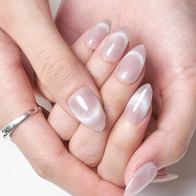 GLAMERMAID Nude Pink Cat Eyes French Tip Press on Nails Short Almond, Rainbow Magnet Handmade Gel Fake Nail Kit, Ombre Glitter Magnetic Glue on Nail Stiletto, Medium Oval Stick on False Nail for Women