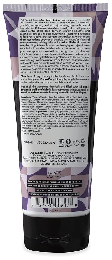 All Good Hand & Body Lotion - Moisturizing Organic Lotion for Dry Skin - Lavender Oil, Cocoa Butter, Rosehip Oil, Arnica, Vitamin E - Non-Greasy Body Butter, 6 fl oz (Lavender)