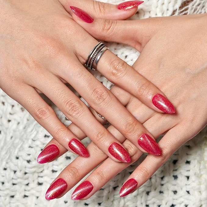 GLAMERMAID Hot Pink Magnet Line Cat Eyes Press on Nails Short Almond, Handmade Glitter Gel Fake Nail Kit, Ombre Glitter Magnetic Glue on Nail Stiletto, Medium Oval Stick on False Nail Set for Women