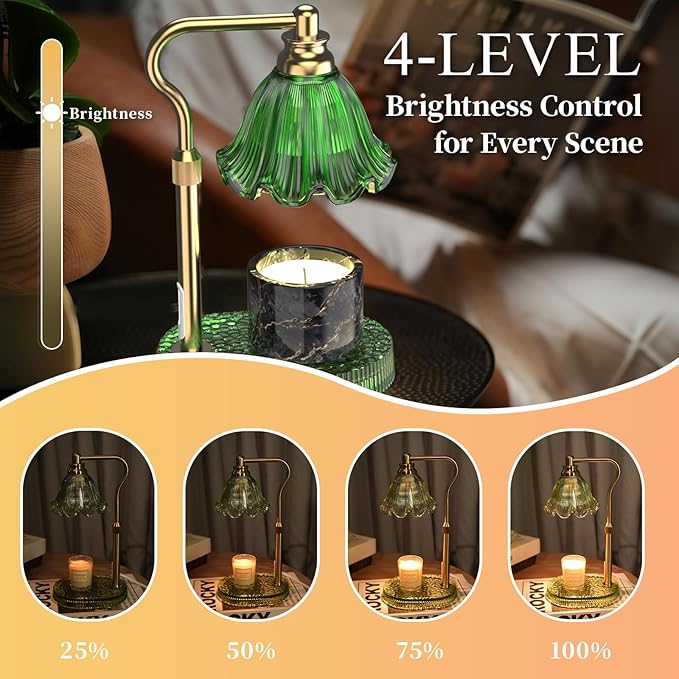 Candle Warmer Lamp with Adjustable Height - Flameless 4-Level Dimmable Wax Warmer, Timer Function & Stylish Design in Multiple Colors（Greener）