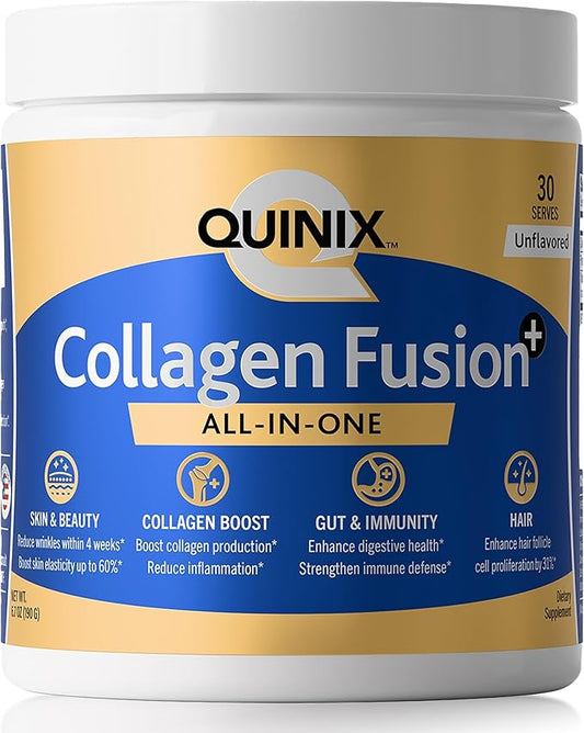 QUINIX Collagen Fusion+ 7-in-1 | VERISOL Collagen Peptides, ImmunoLin IgG, Vitamin C, Hyaluronic Acid, Dermaval & Probiotics | Skin, Hair & Nails, Gut & Immune Support | Unflavored Powder, 30 Servings