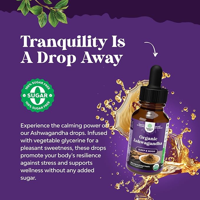 Natures Craft USDA Organic Ashwagandha Liquid Drops - Liquid Ashwagandha Root Extract for Stress and Mood Support - Tasty Adaptogenic Tincture Non GMO Vegan Gluten Alcohol and Sugar Free (2 Pack)