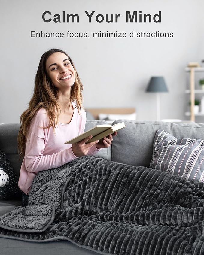 Sherpa Fleece Weighted Blanket with Ribbed Stripes for Adults, 15 lbs Dual Sided Cozy Warm Blanket for Couch Full Size Bed, Ceramic Beads Heavy Thick Blankets Great for Sleep, Dark Grey, 60" x 80"