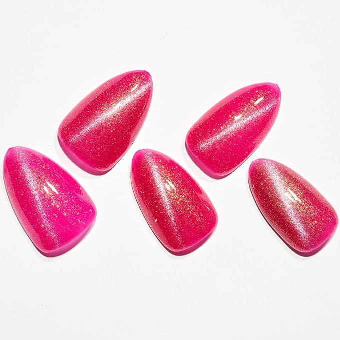 GLAMERMAID Hot Pink Magnet Line Cat Eyes Press on Nails Short Almond, Handmade Glitter Gel Fake Nail Kit, Ombre Glitter Magnetic Glue on Nail Stiletto, Medium Oval Stick on False Nail Set for Women