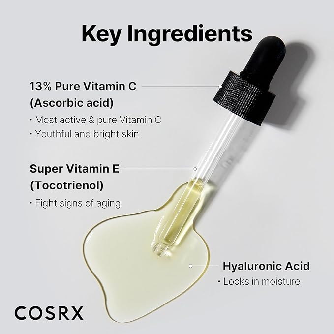 COSRX Pure Vitamin C 13% Serum with Vitamin E & Hyaluronic Acid, Hydrating Facial Serum for Fine Lines, Uneven Skin Tone & Dull Skin, 0.67fl.oz/20ml, Korean Skin Care
