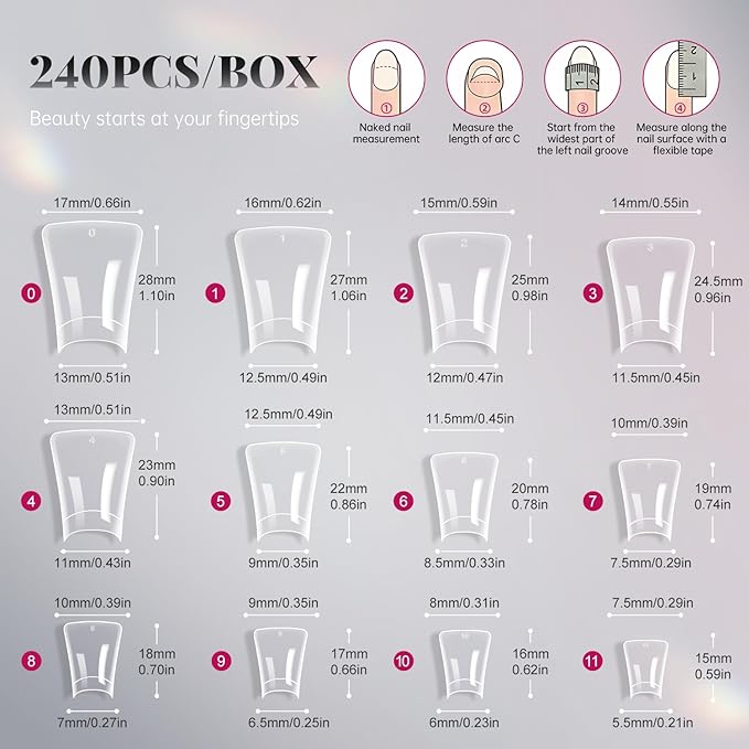 krofaue Duck Nail Tips - 240pcs Clear Soft Gel Curved Nail Tips 12 Sizes Crystal Duck Feet Style Half Cover False Nails Extra Wide French Nails with Box for DIY Salon