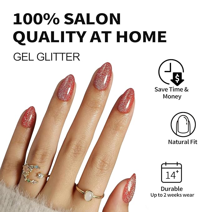 Glitter Red Press on Nails Almond with Sparkling Diamond - Soft Gel Fake Nails Short with Glue, Glossy Glue On Nails for Women Gift in 16 Sizes - 32 Reusable Nails, Starlight Red Orange