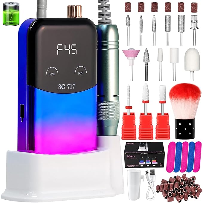 LIMEGIRL Professional Electric Nail File Drill Bits Kit 45000RPM for Acrylic Toenail Machine Clippers with 14 Drill Bit Gradient Blue Portable Rechargeable Cordless