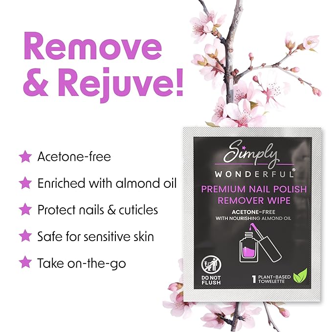 Simply Wonderful Lint Free Nail Polish Remover Wipes, Acetone-Free, Enriched with Nourishing Almond Oil, Plant-Based Nail Polish Remover Pads, 100 Individually Wrapped Nail Polish Wipes