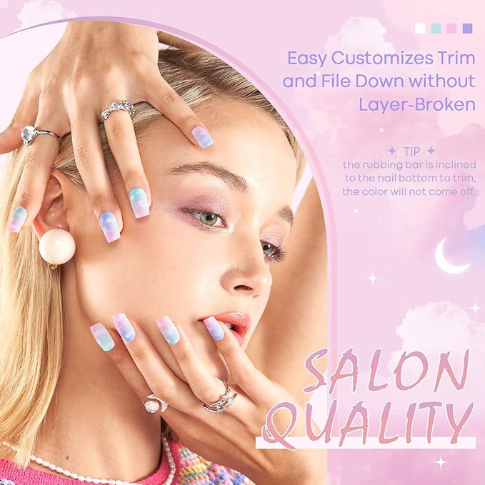 GLAMERMAID Blue Purple Pink Ombre Press on Nails Medium Square, Light Green Cloud Dull Polsih Gel False Nals with Design, Glue on Nails Kit for Women, Reusable Stick on Acrylic Fake Nails Manicure Set