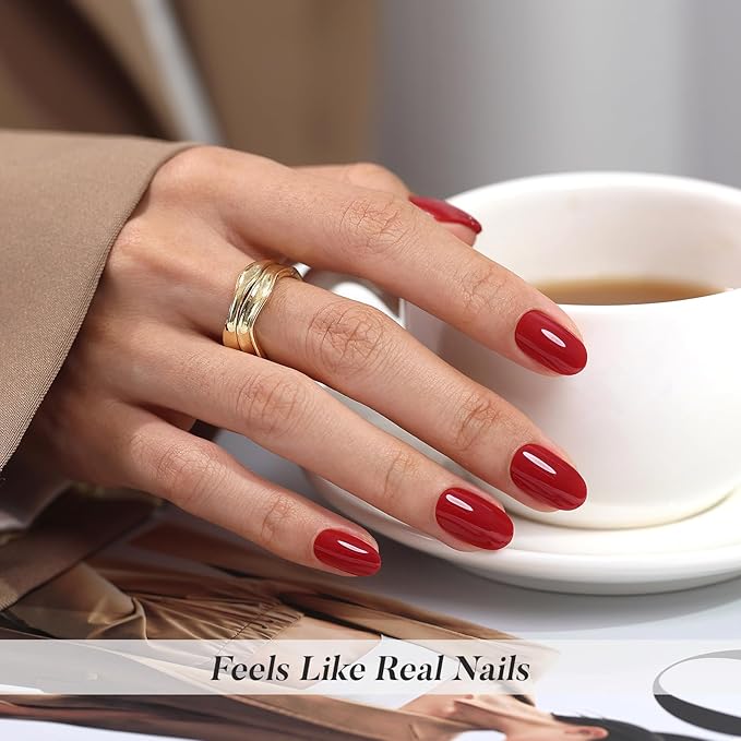Red Press on Nails Oval for Women Gift - Soft Gel Press on Nails Short with Glue, Fit Perfectly & Natural Glue on Nails in 16 Sizes - 32 Reusable Fake Nails, Cherry Red
