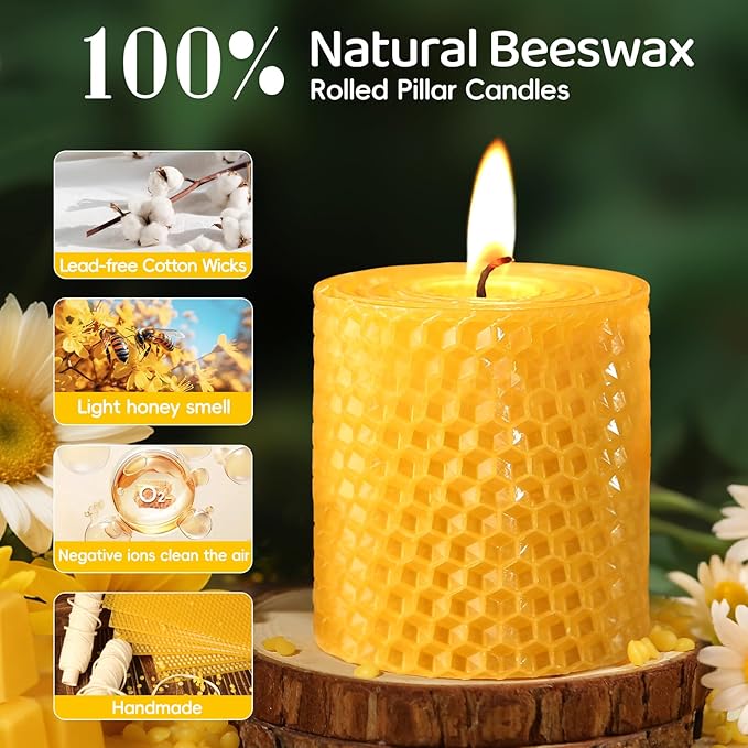 Hand-Rolled Beeswax Candles,2.8x3in-3PCS,All Natural Honeycomb Beeswax Pillar Candles,72 Hours Long Burning Bees Wax Candles for Home,Dripless Smokeless Unscented Honeycomb Pillar Candle