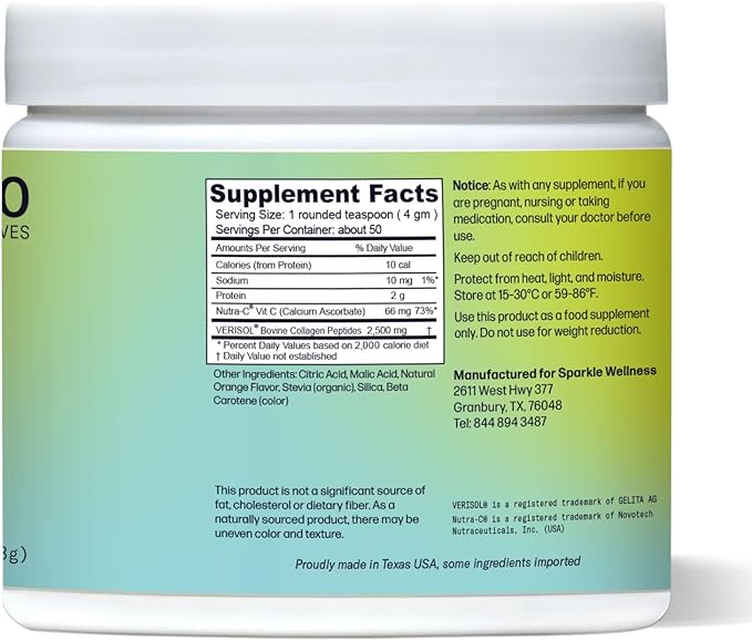 Sparkle Wellness VERISOL Bioactive Hydrolyzed Collagen Peptides | Collagen Powder Supplement with Vitamin C for Skin, Hair & Nail Health | Skin Boost (Orange) [50-Serves]