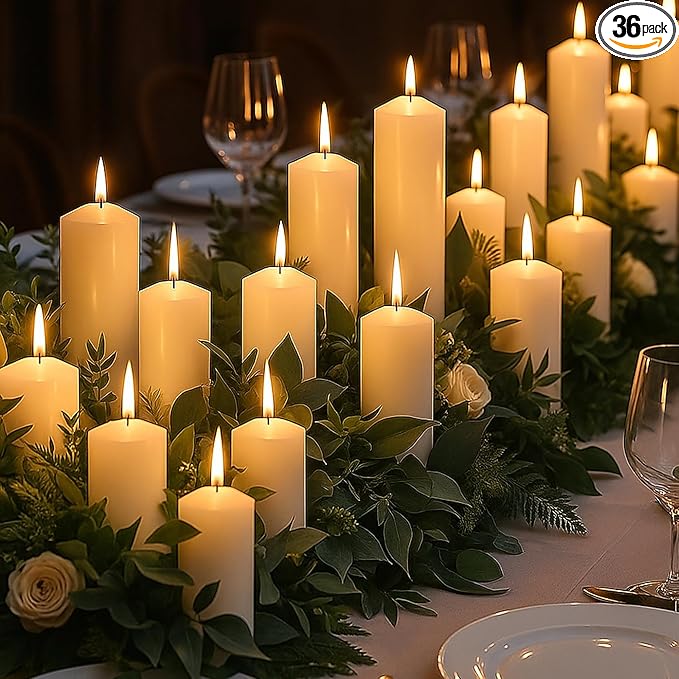 36 Pcs Ivory Pillar Candles Bulk Set，2x3 2x6 2x8 Inch - 12 Each Size，Hurricane Candles，Dripless Unscented Smokeless，Gives You a Better Atmosphere When Organizing Wedding or Event Party.